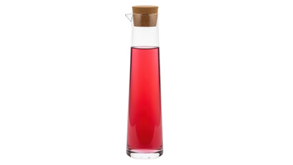 Elegant glass carafe with cork stopper and red liquid isolated PNG, stylish drinkware for serving water or juice on transparent background