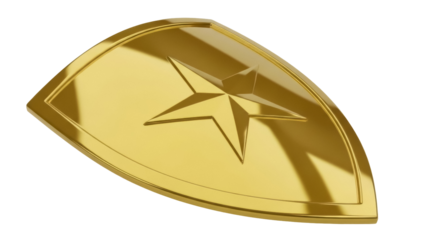 Golden shield with star isolated PNG on transparent background, heraldic emblem for medieval fantasy games and graphic design