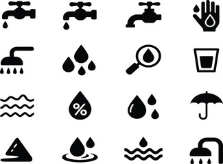 Water Usage and Hygiene Solid Icons Set Featuring Faucet, Shower, Drops, Umbrella and Moisture Symbols for Plumbing, Weather and Environmental Design Vector