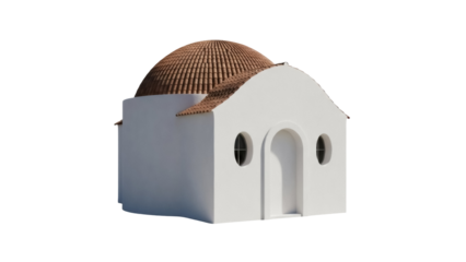 Small white building with dome roof isolated PNG, simple architecture with round windows on transparent background, Mediterranean style