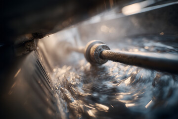 Mechanical mixer in action with rotating paddles and blurred metal handle at a kitchen workspace during food preparation