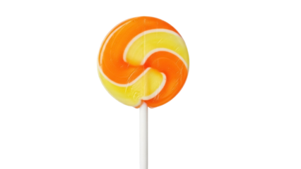 Swirled lollipop isolated PNG on transparent background, orange and yellow candy on a stick for sweet treats and confectionery designs