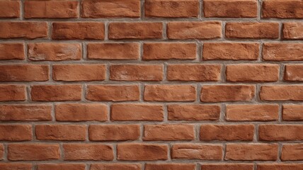 Close-up view of red brick wall with prominent texture and warm lighting. Horizontal alignment creates rhythmic pattern. Background displays muted grout. Neural network AI generated