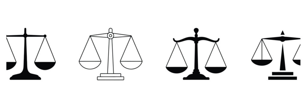 Set of four black and white scales icons for law and justice concepts