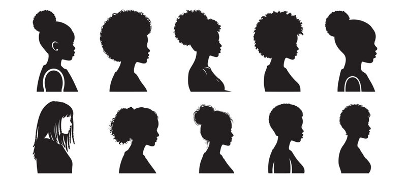 Set of 10 black woman profile silhouette icons with afro and natural hairstyles in flat minimal style vector illustration