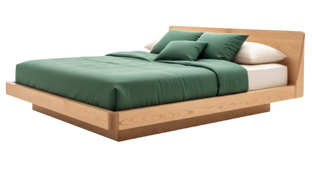 Modern wooden bed with green bedding isolated on transparent background, contemporary bedroom furniture PNG for interior design mockups