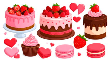 Sweet dessert set including cupcakes with frosting, heart cookie, and pink macaron isolated. Valentine bakery and pastry collection.