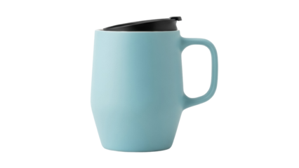 Light blue ceramic mug with black lid isolated PNG, modern coffee cup for hot drinks on transparent background