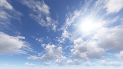 Fototapeta premium Sunlight breaks through scattered white clouds in expansive blue sky. Bright and calming atmosphere evokes peacefulness. Clouds form dynamic patterns across sky. Neural network AI generated