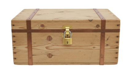 Wooden treasure chest with metal straps and golden padlock isolated PNG, vintage storage box for pirate games and secure keeping