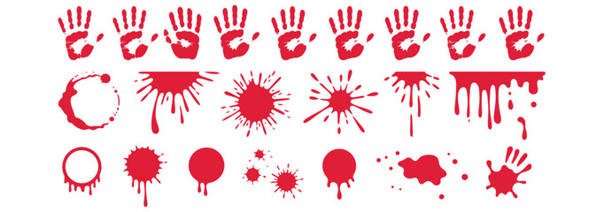 Vibrant red handprints and blood splatters on white background