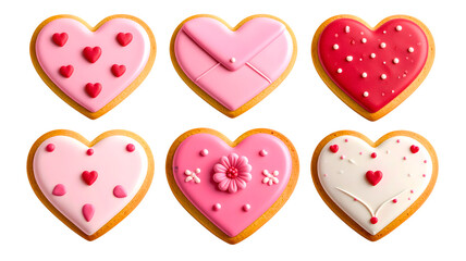 A set of pink and white heart-shaped cookies, arranged in an isolated background PNG