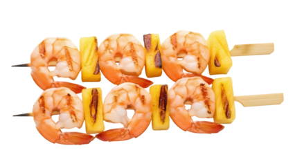 Grilled shrimp and pineapple skewers isolated PNG, delicious seafood appetizer on a stick for summer barbecue and healthy eating on transparent background