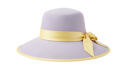 Elegant lavender sun hat with yellow ribbon isolated PNG, stylish summer headwear for women on transparent background