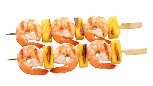 Grilled shrimp and pineapple skewers isolated PNG, delicious seafood appetizer on a stick for summer barbecue and healthy eating on transparent background
