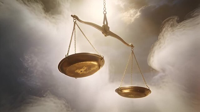 Golden Scales of Justice Suspended in Ethereal Clouds.