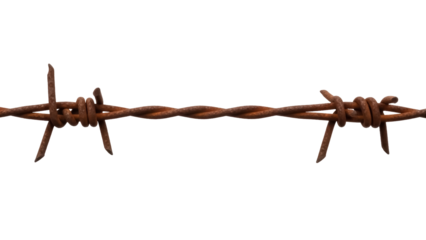 Rusty barbed wire isolated PNG on transparent background, sharp metal fence element for security and danger concepts