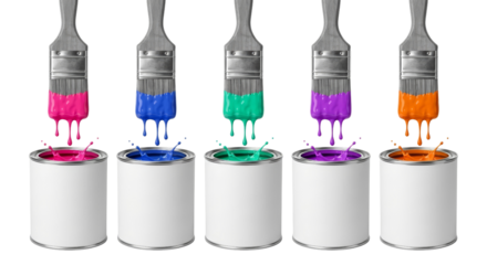 Colorful Paint Cans and Brushes Dripping Paint