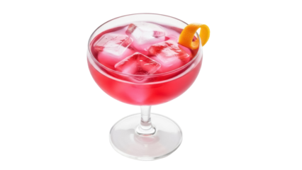 Cosmopolitan cocktail in coupe glass isolated PNG, refreshing alcoholic drink with ice cubes and orange zest on transparent background