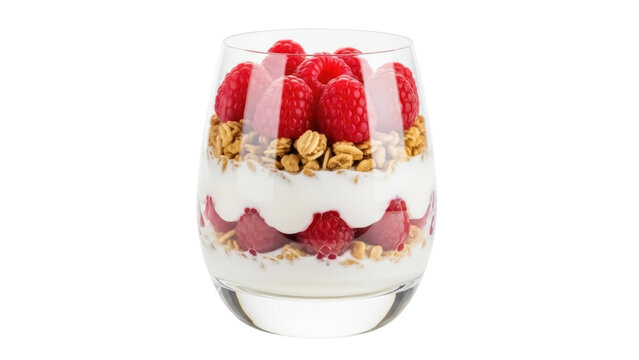 Delicious raspberry parfait with granola and yogurt isolated PNG, healthy breakfast dessert for diet and nutrition on transparent background