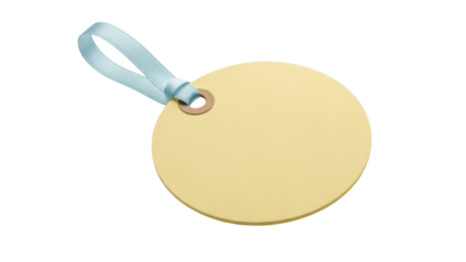 Pale yellow round tag with light blue ribbon isolated PNG, blank label for gift or product branding on transparent background