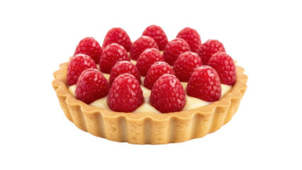 Delicious raspberry tart isolated PNG on transparent background, sweet dessert with fresh berries and creamy filling for patisserie and food design