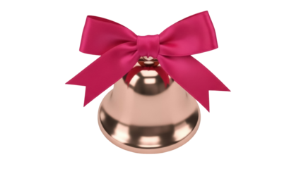 Shiny golden bell with pink bow isolated PNG on transparent background, festive decoration for Christmas and holiday season