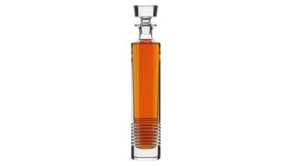 Elegant whiskey decanter with stopper isolated PNG, filled with amber liquor on transparent background for barware and spirits concepts