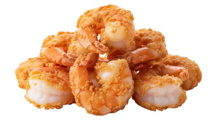 Delicious crispy fried shrimp isolated PNG on transparent background, golden brown battered seafood appetizer or snack for restaurant menus
