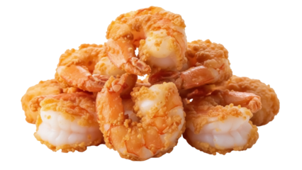 Delicious crispy fried shrimp isolated PNG on transparent background, golden brown battered seafood appetizer or snack for restaurant menus
