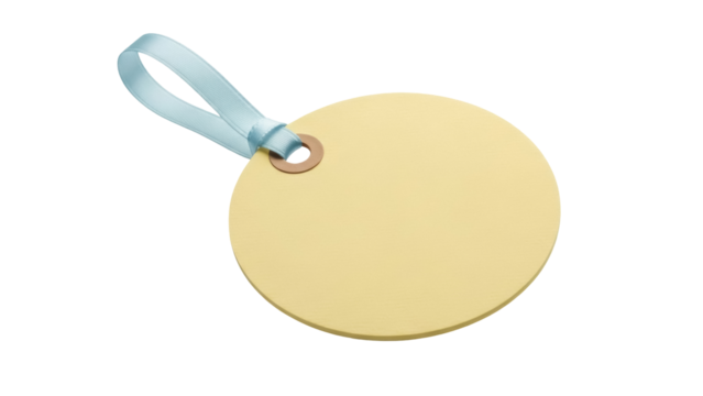 Pale yellow round tag with light blue ribbon isolated PNG, blank label for gift or product branding on transparent background - Powered by Adobe