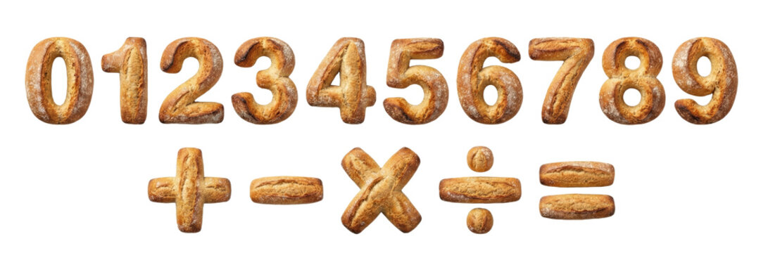 Baked numbers and mathematical symbols from cookies and bread on white background
