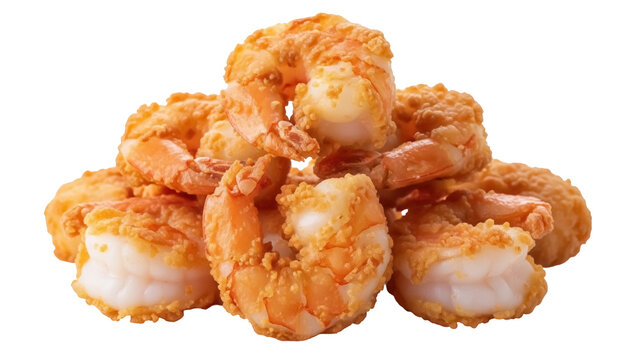 Delicious crispy fried shrimp isolated PNG on transparent background, golden brown battered seafood appetizer or snack for restaurant menus