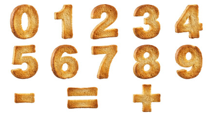 Crispy Toast Numbers and Math Symbols on White Background