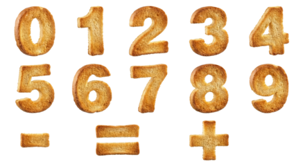 Crispy Toast Numbers and Math Symbols on White Background