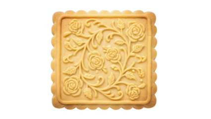 Square shortbread cookie with floral design isolated PNG on transparent background, delicious biscuit for tea time and sweet treat