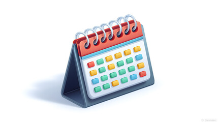A stylized desktop calendar with colorful dates sits angled on a white surface, showcasing scheduling and organization in a bright and inviting design.