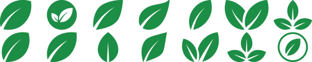 Minimal leaf icon strip featuring simple green plant and foliage symbols in clean flat vector style, ideal for eco UI elements, labels, packaging and nature themed, minimal nature leaf silhouette icon