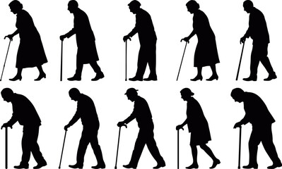 Elderly walking icon sequence showing aging stages with walking stick silhouettes in flat vector style, ideal for healthcare, medical infographics and senior care, old age people silhouette icons 