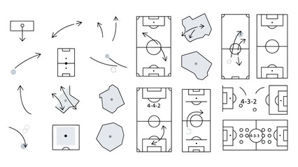 Collection of Stylized Football Field Diagrams and Play Movement Arrows for Sports Strategy Analysis and Game Planning