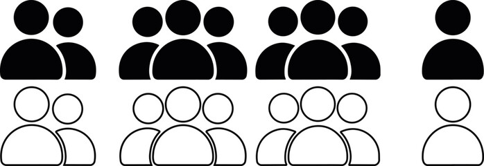 Group of people icon set showing crowd, team and community silhouettes in flat vector style, perfect for social apps, business infographics, human audience team silhouette symbols collection