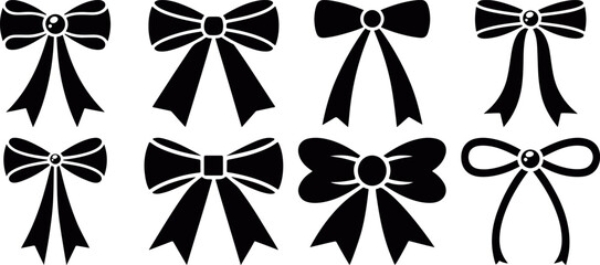 Decorative bow ribbon icon set featuring elegant gift bows in flat silhouette vector style, perfect for celebration design, packaging, invitations and festive branding, gift bow knot silhouette symbol