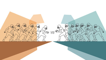 Two opposing teams of American football players in a ready stance facing each other on a white background with contrasting colored angles symbolizing