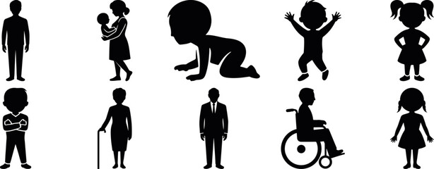 Children activity icon set showing kids playing, learning and daily actions in clean flat silhouette vector, perfect for education, school apps, posters and infographics, children lifestyle silhouette