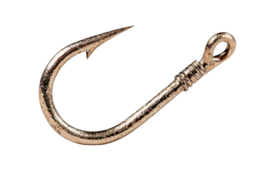 Single metallic fishing hook with sharp point and eyelet on black background image