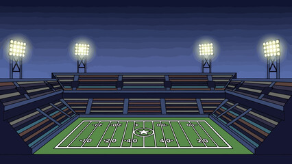 Illuminated Football Field Stadium At Night With Empty Bleachers Under Dark Blue Sky Ready For Game Day Competition Event