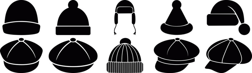 Winter hat icon collection featuring wool caps, beanies and warm headwear silhouettes in flat vector, knit cap beanie winter hat silhouette icons, winter clothing headwear silhouette collection