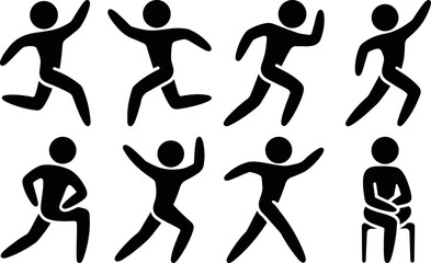 Running and jumping people icon set showing energetic human action poses in flat silhouette vector style, ideal for fitness apps, sports design and motivational graphics,
