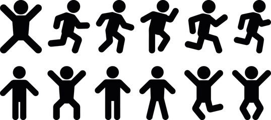 Kids activity silhouette icon set showing running, jumping and playful movements in flat vector, children playing silhouette people icons collection, child movement silhouette figures isolated