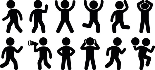 Children action silhouette set featuring various playful poses and gestures in flat vector, kids jumping silhouette icon set playful poses, children happy jumping silhouette people icons